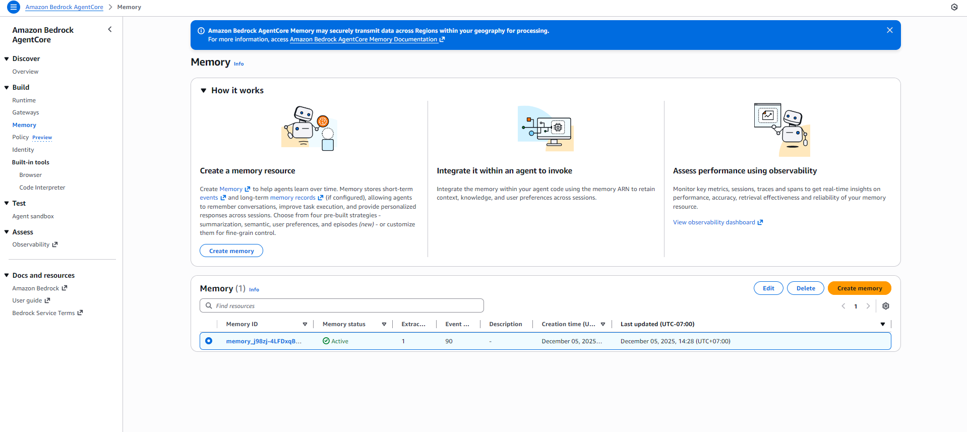 Deleting Memory in Amazon Bedrock AgentCore